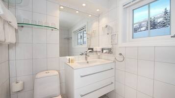 Une salle de bain moderne équipée de toilettes, d’un lavabo et d’un miroir. Une fenêtre offre une vue sur les arbres et un paysage enneigé.