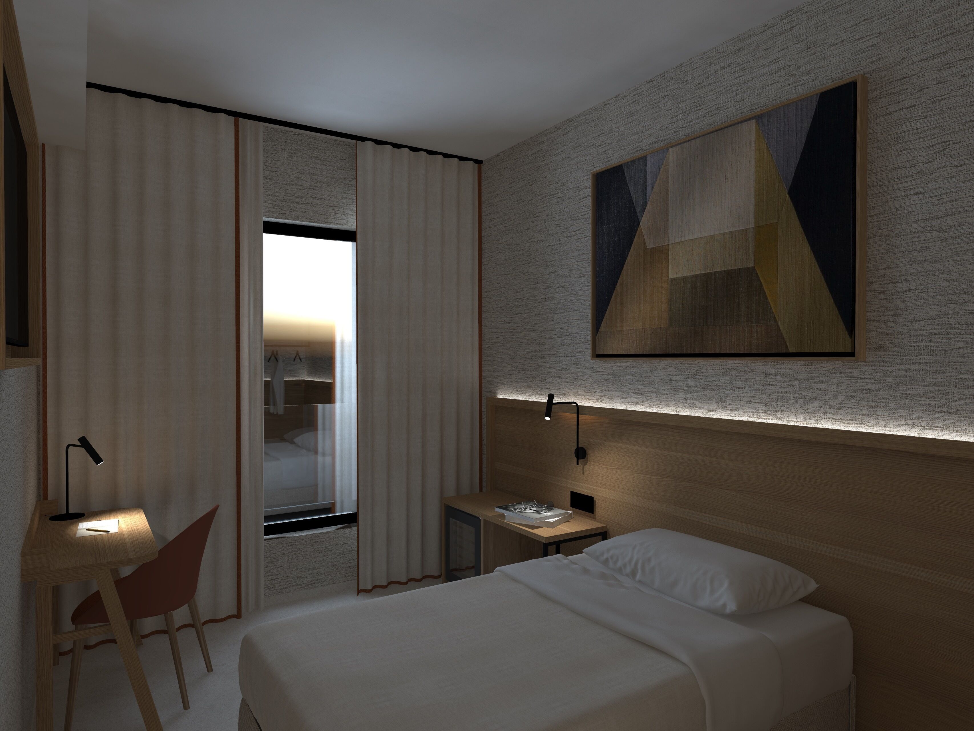 Ropa de cama hipoalergénica y caja de seguridad en la habitación 