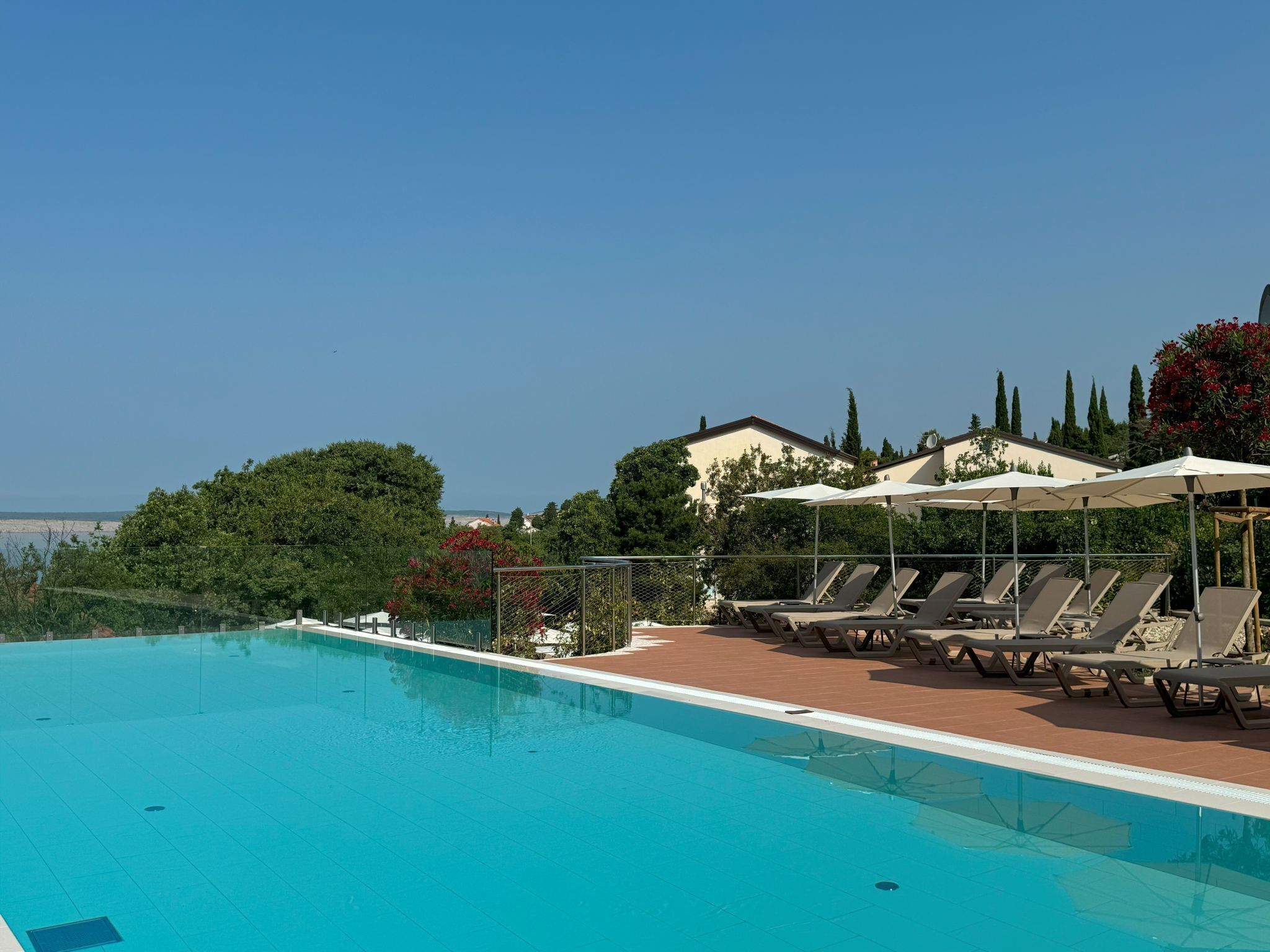 A swimming pool with lounge chairs and umbrellas, surrounded by greenery and buildings.
