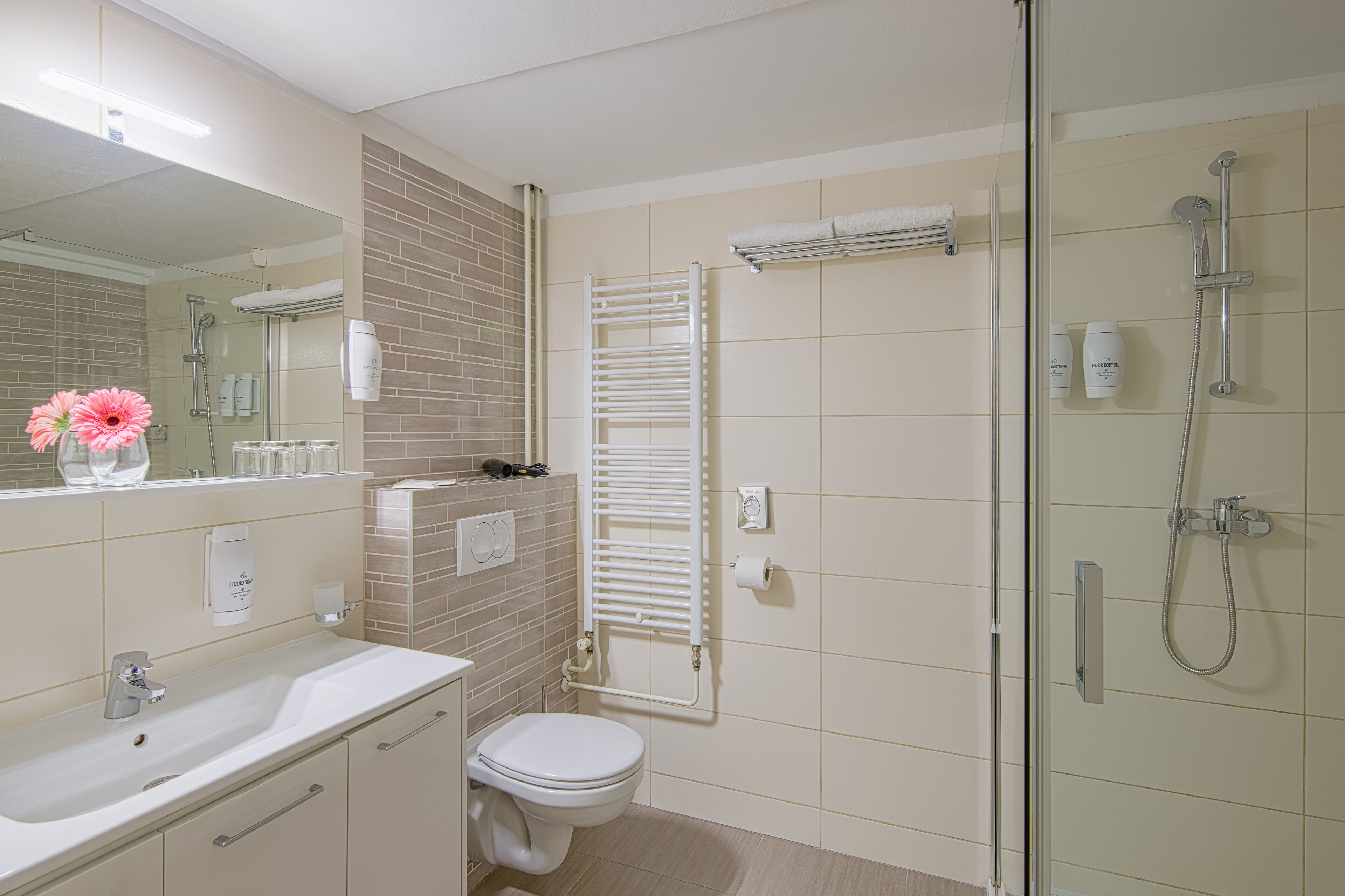 shower, free toiletries, hair dryer, towels