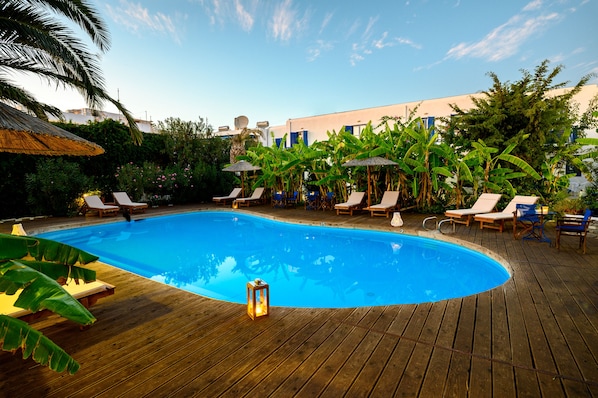 Outdoor pool, open 8:30 AM to 8:30 PM, sun loungers