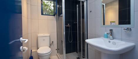 A modern bathroom with a toilet, shower, and sink.