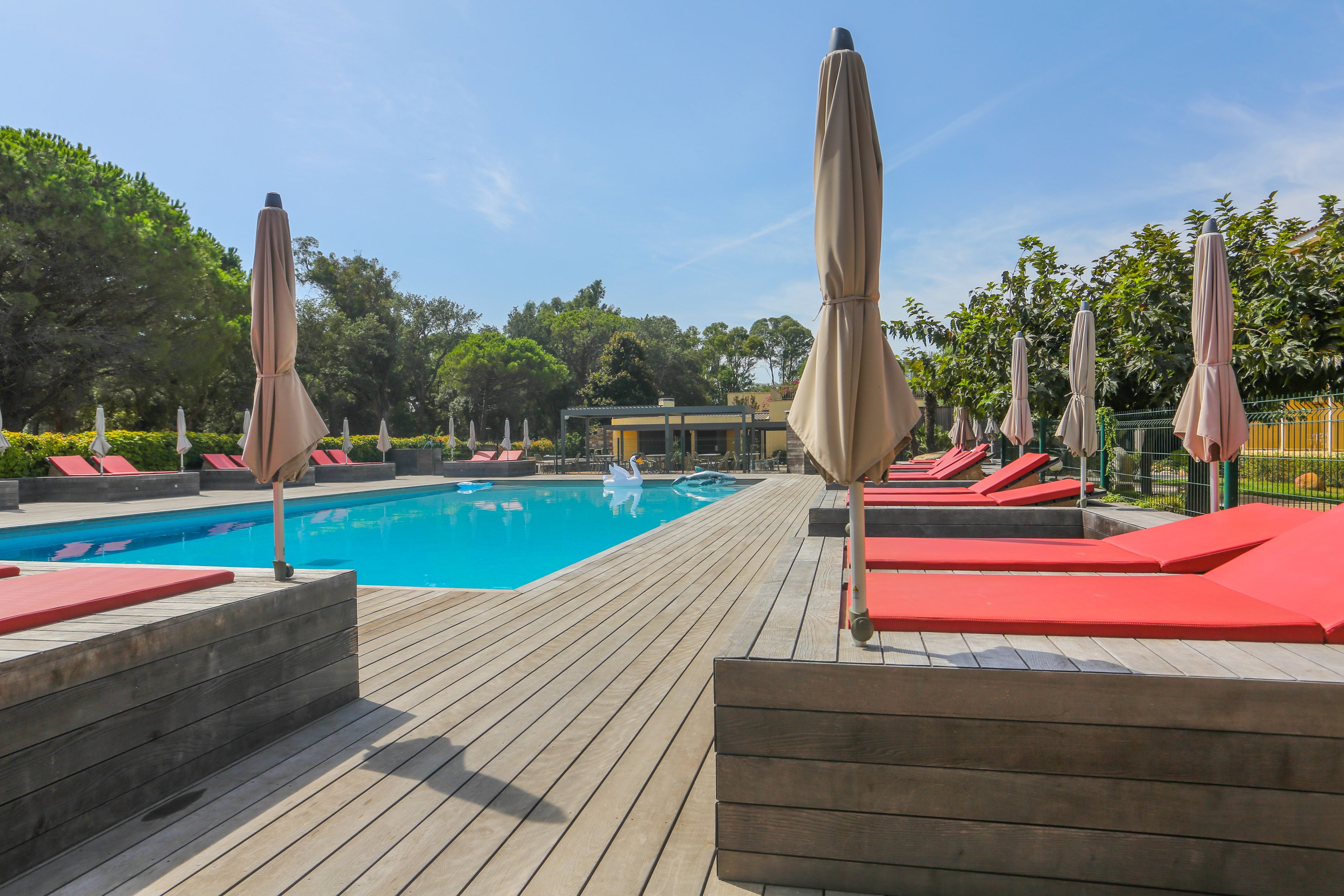 outdoor pool, pool umbrellas, pool loungers