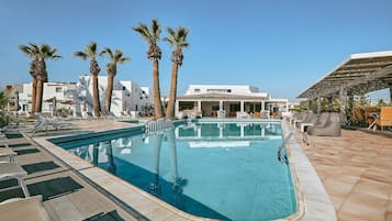 Outdoor pool, pool umbrellas, pool loungers