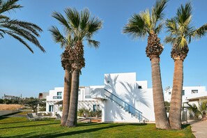 A modern building with a staircase, palm trees, and a well-maintained lawn.