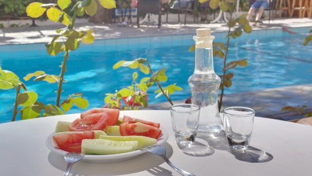 A table with a plate of watermelon and cucumber slices, a bottle of water, and two glasses. - Marirena (Malevizi)