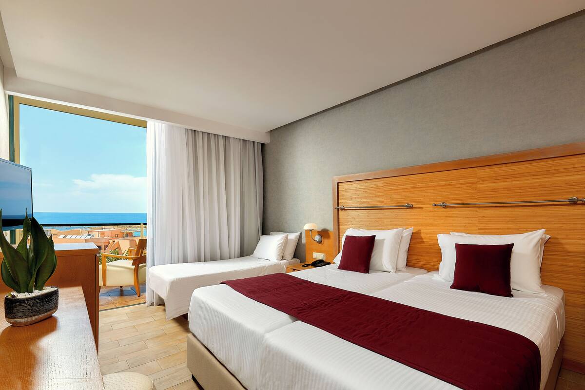 A hotel room with two beds, a TV, a plant, and a view of the ocean.