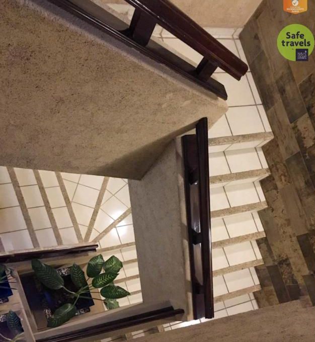 Interior de un hotel con una escalera que sube a un piso superior, vista de un techo con azulejos y una planta en primer plano.
