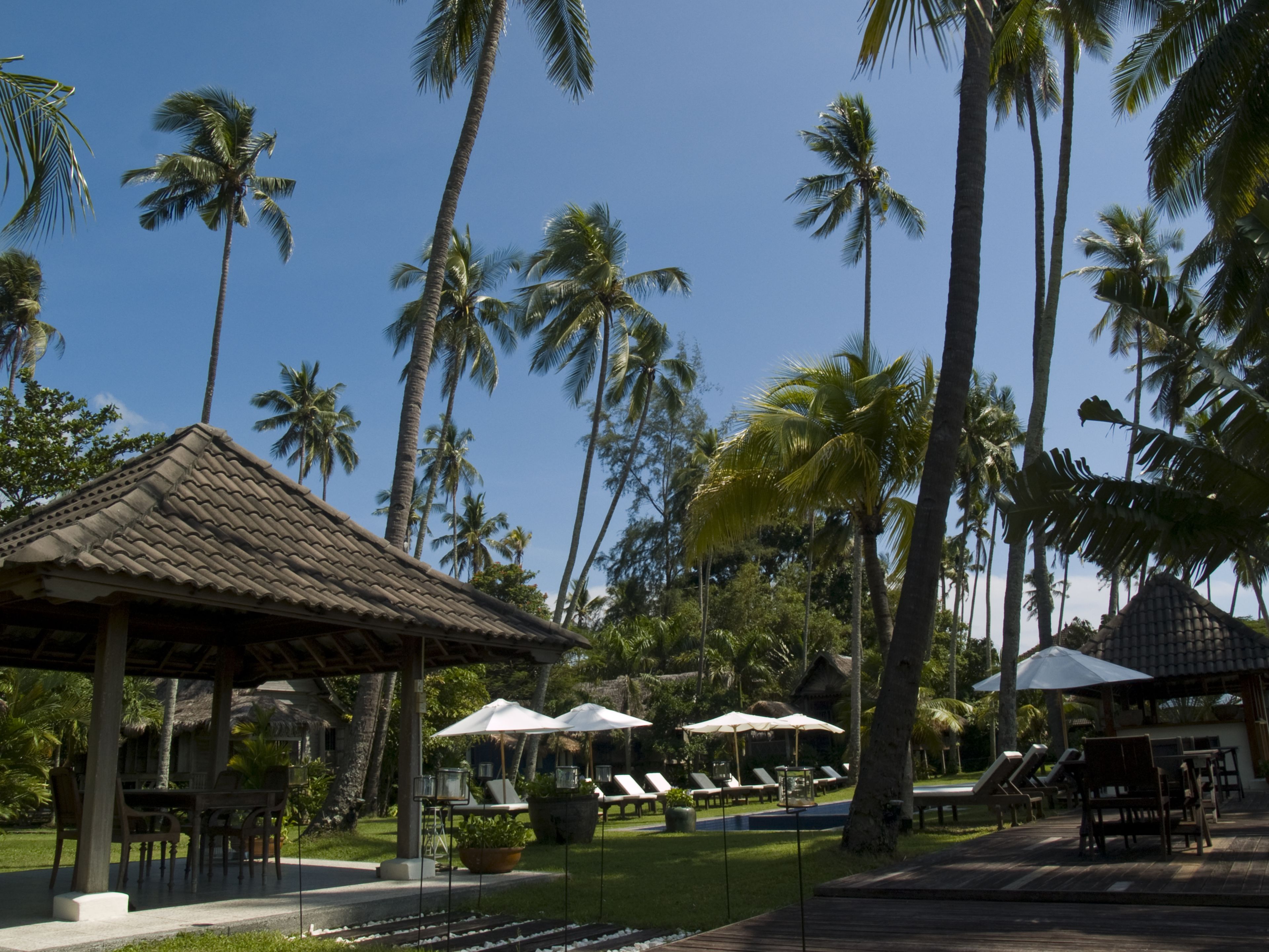 A resort with thatched-roof structures, outdoor seating, and palm trees.