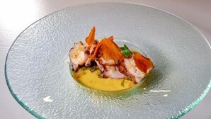 Une assiette contenant un plat composé d’un morceau de viande et d’une sauce jaune.