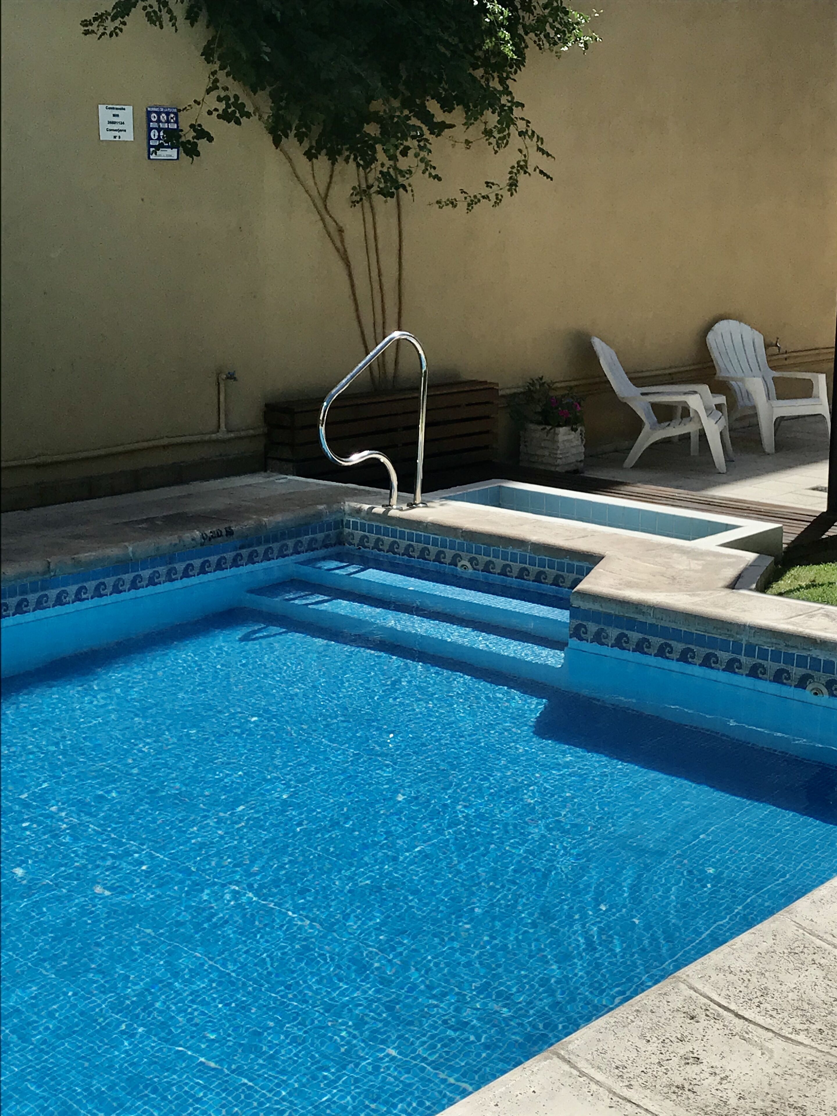 A swimming pool with a metal ladder, white chairs, and a potted plant.
