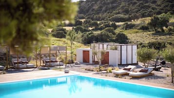 Seasonal outdoor pool, open 11:00 AM to 7:00 PM, pool umbrellas