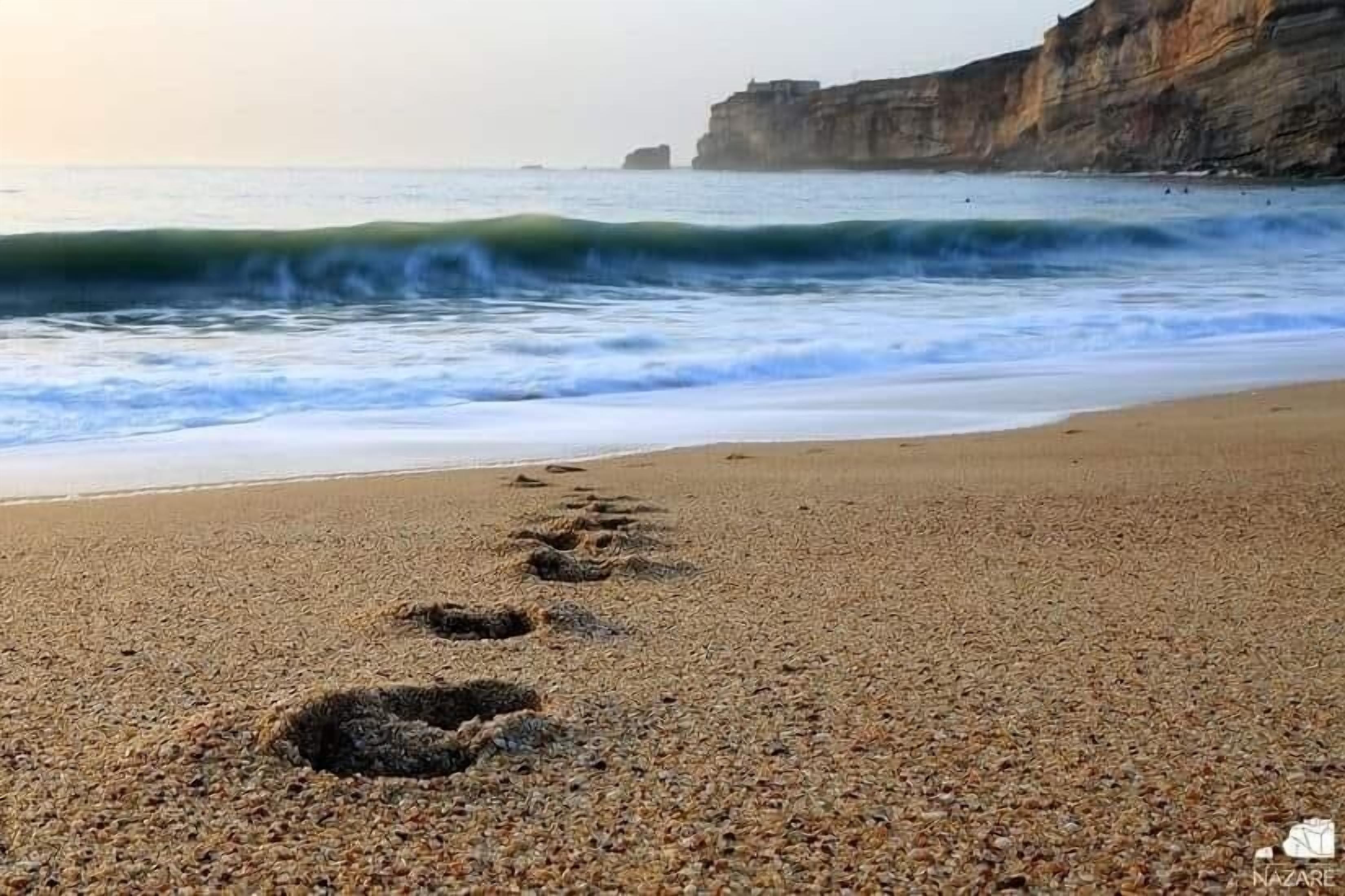 A beach with footprints leading to the water, a cliff in the background, and a clear sky.