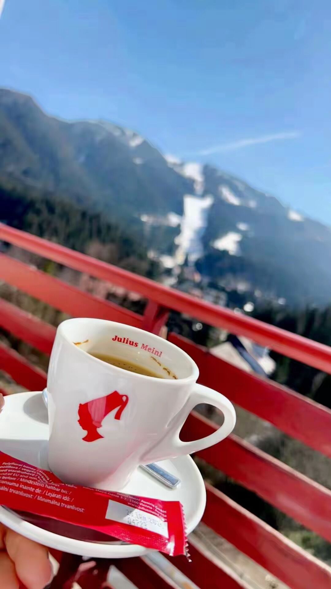 Una taza blanca con logotipo y texto rojo, sostenida por una persona, con un paisaje montañoso al fondo.