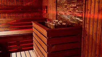 A sauna room with wooden benches and a brick wall.