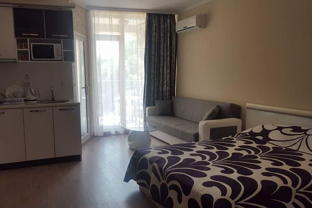 A hotel room with a kitchenette, a sofa, a bed, and a view of the outdoors.