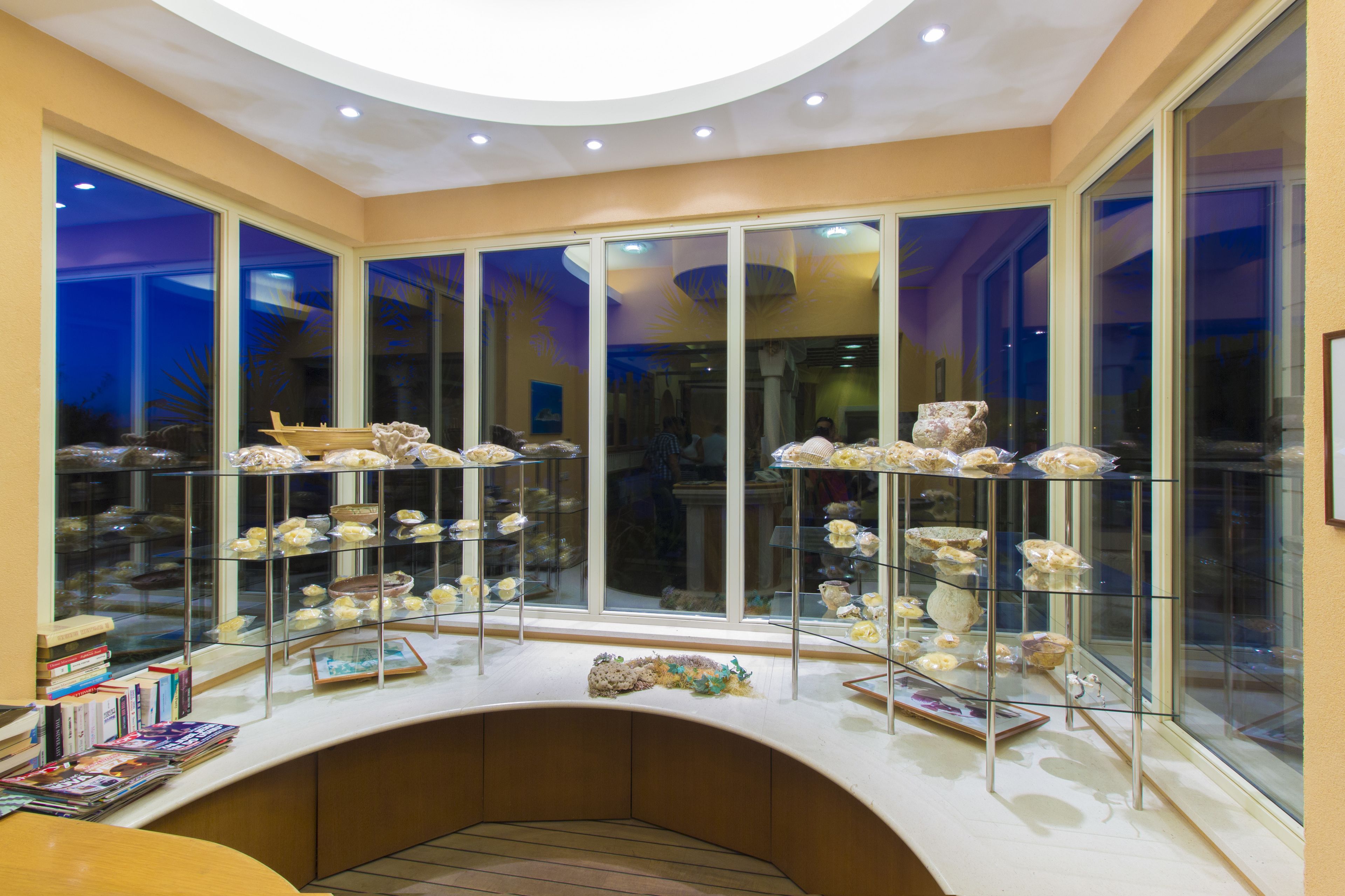 A bakery display with pastries and baked goods in clear cases, surrounded by large windows.
