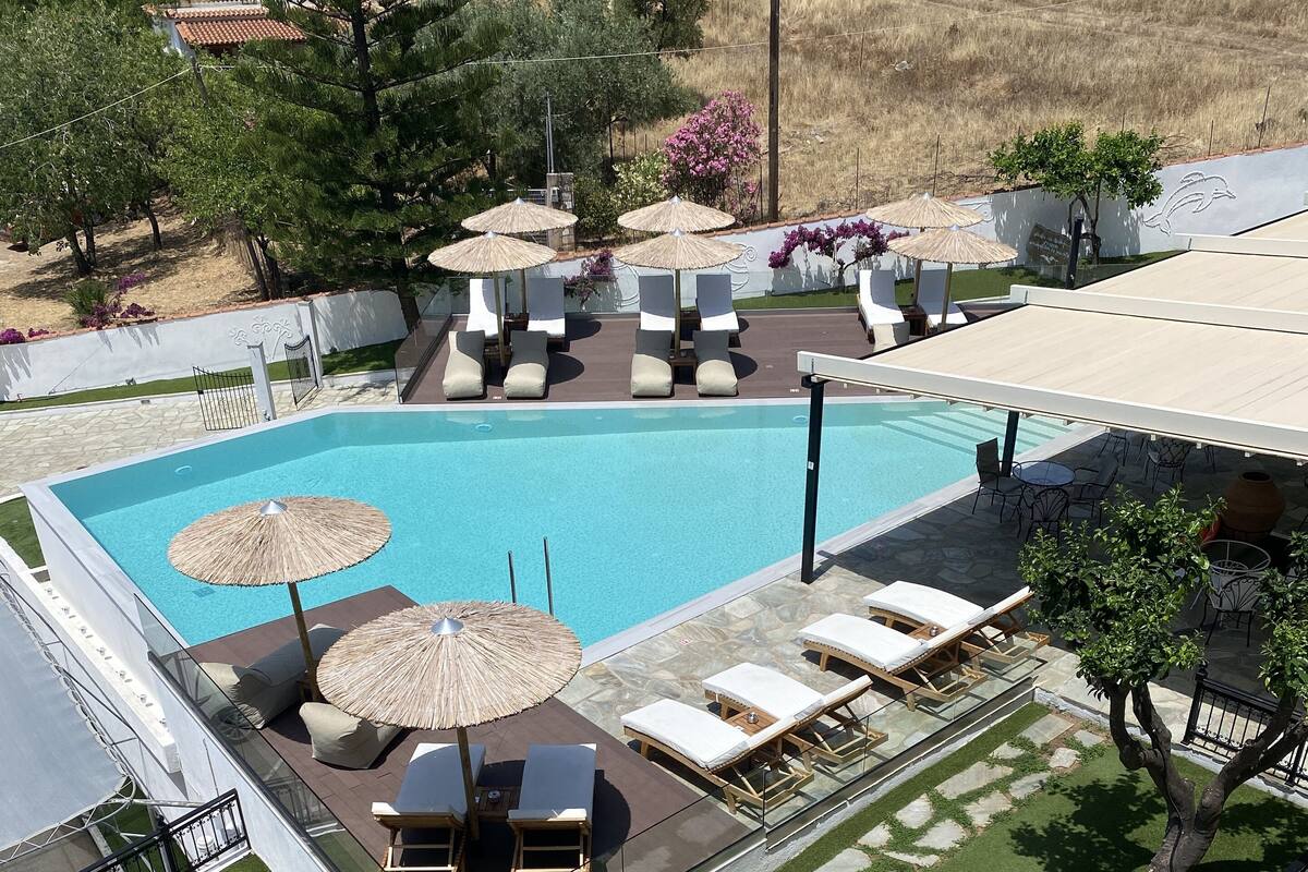 A swimming pool with lounge chairs and umbrellas, surrounded by a well-maintained lawn and stone pathways.