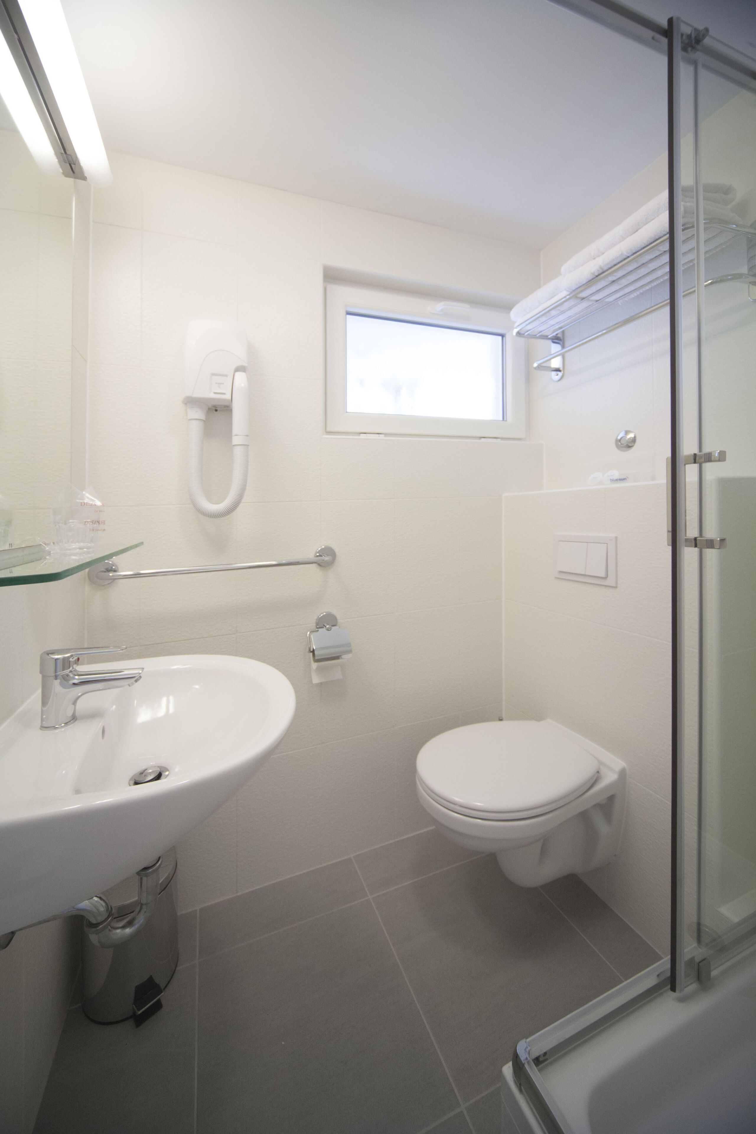 A modern bathroom with a glass shower enclosure, a white sink, and a toilet.