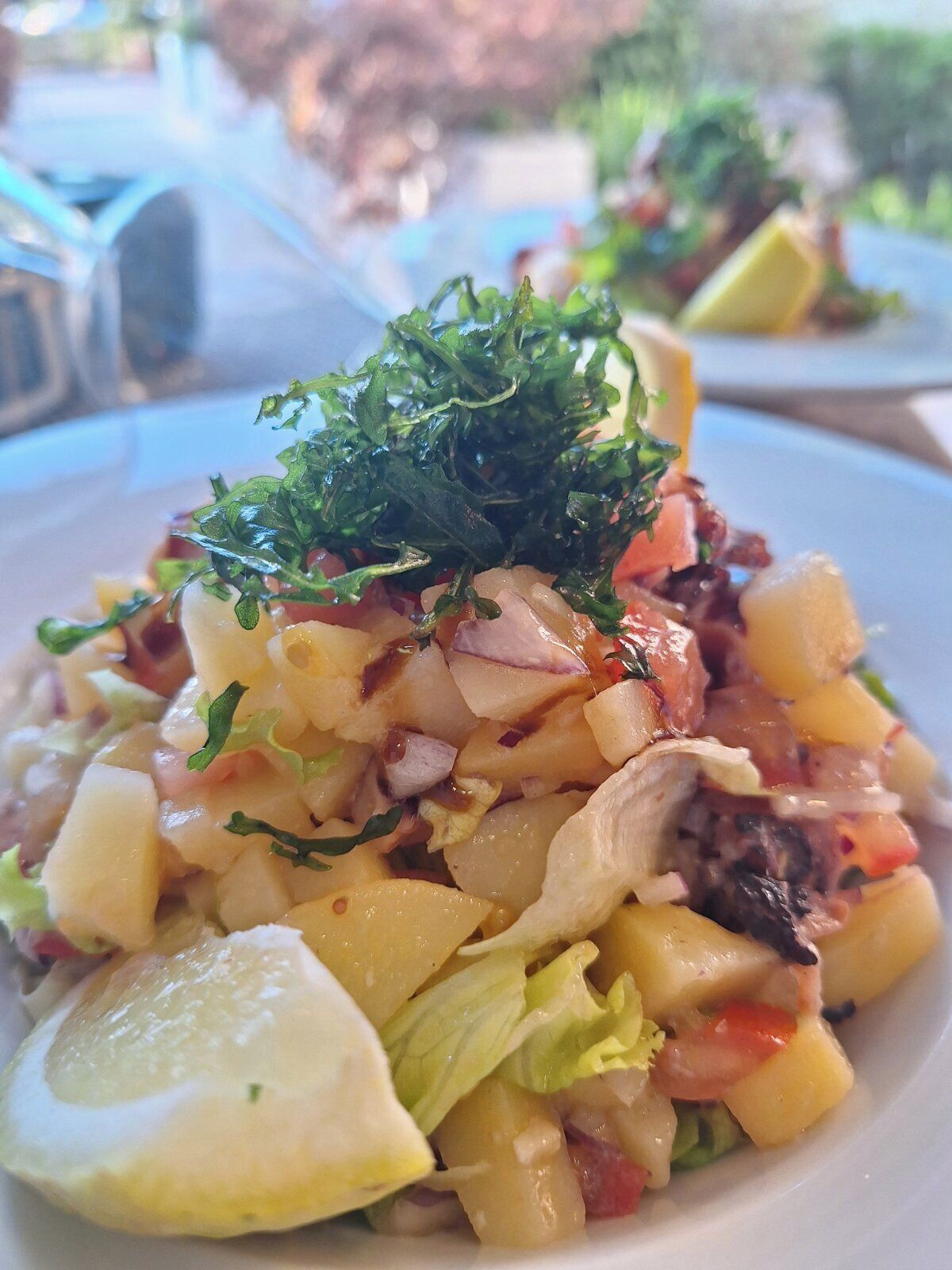 A close-up of a dish with diced potatoes, onions, and a garnish of green herbs.