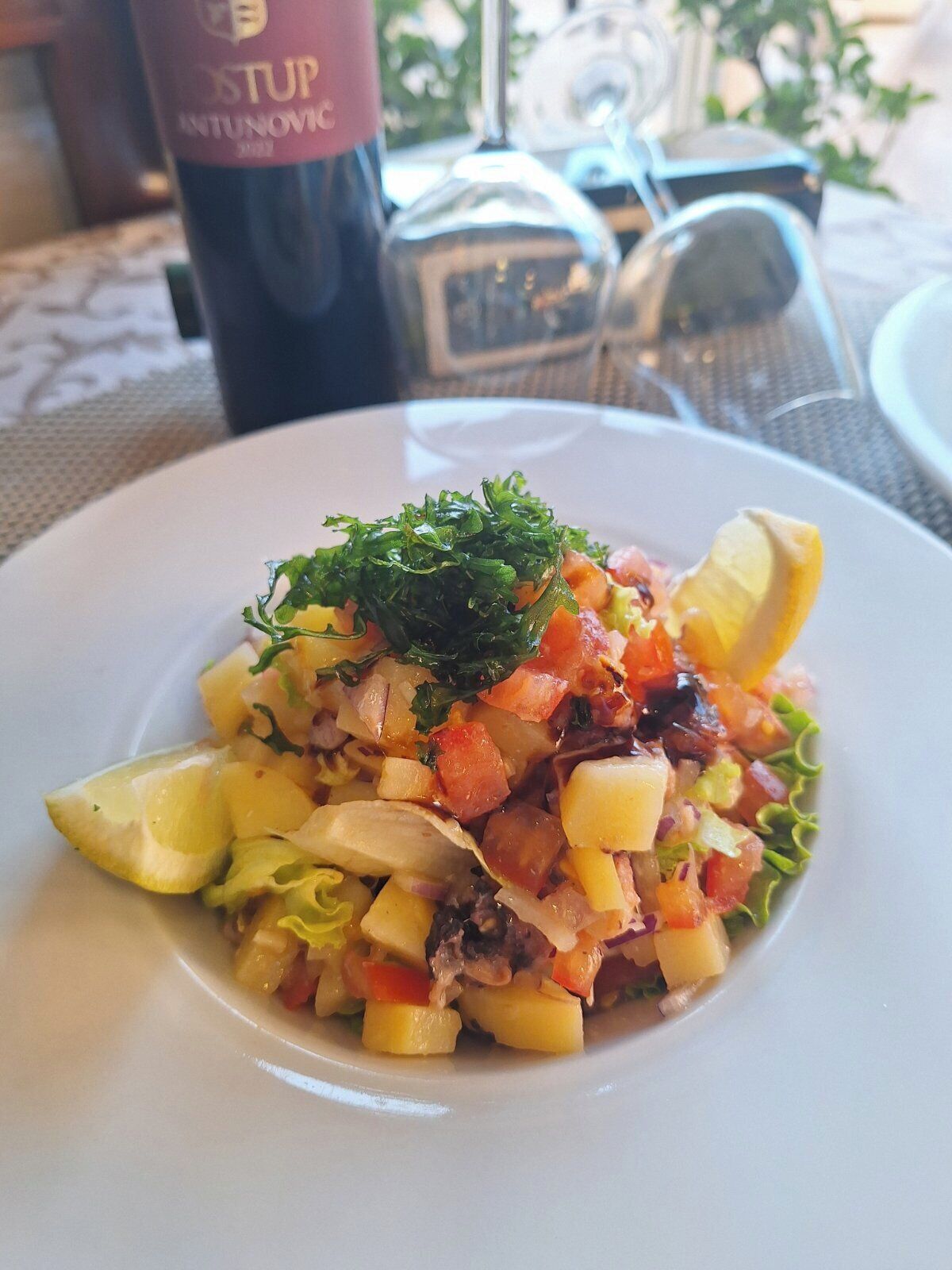 A plate of food with a variety of diced vegetables and a garnish of green herbs, served on a white plate.