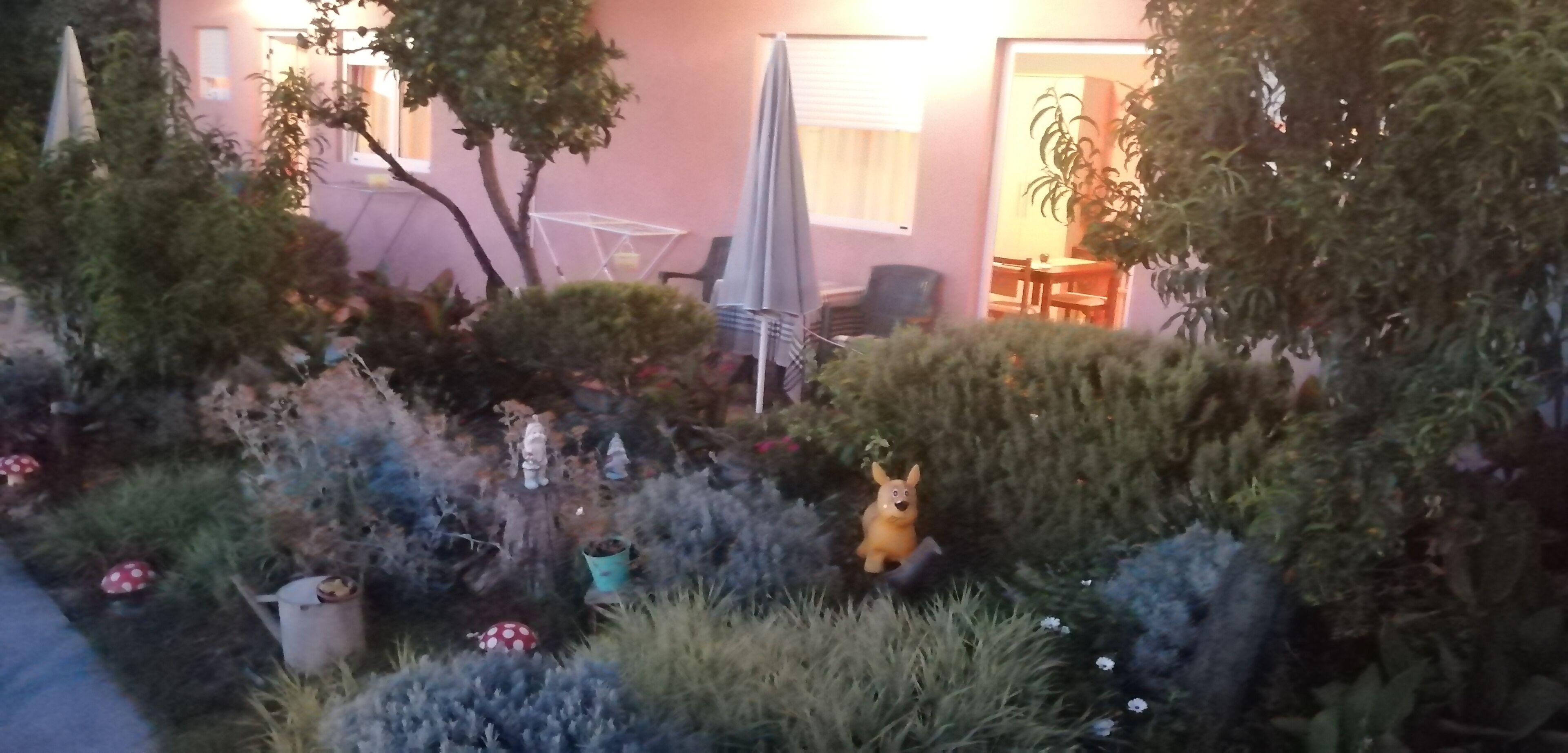 Un jardín con diversas plantas y una pequeña estatua. Se ve una silla blanca y una mesa al fondo.