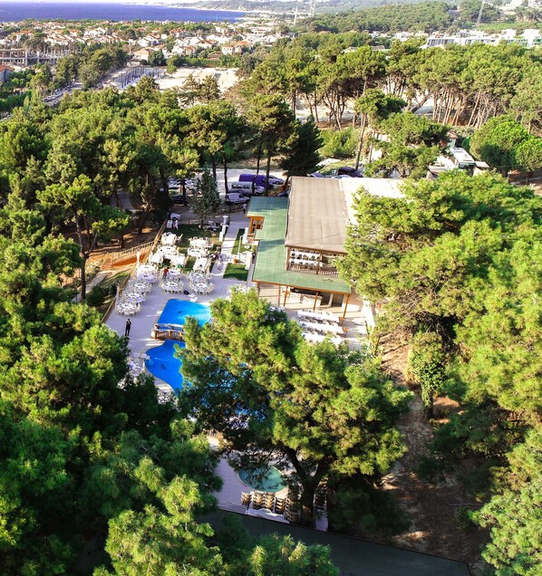 An aerial view of a resort with a swimming pool, outdoor seating, and a large building with a green roof.