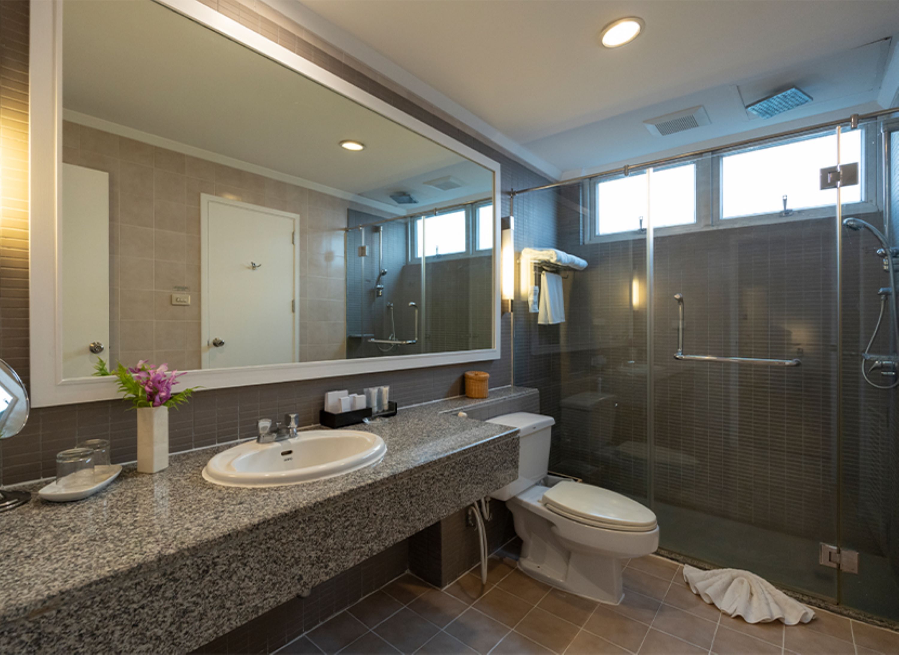 A modern bathroom with a large mirror, granite countertop, two sinks, a toilet, and a glass-enclosed shower area.