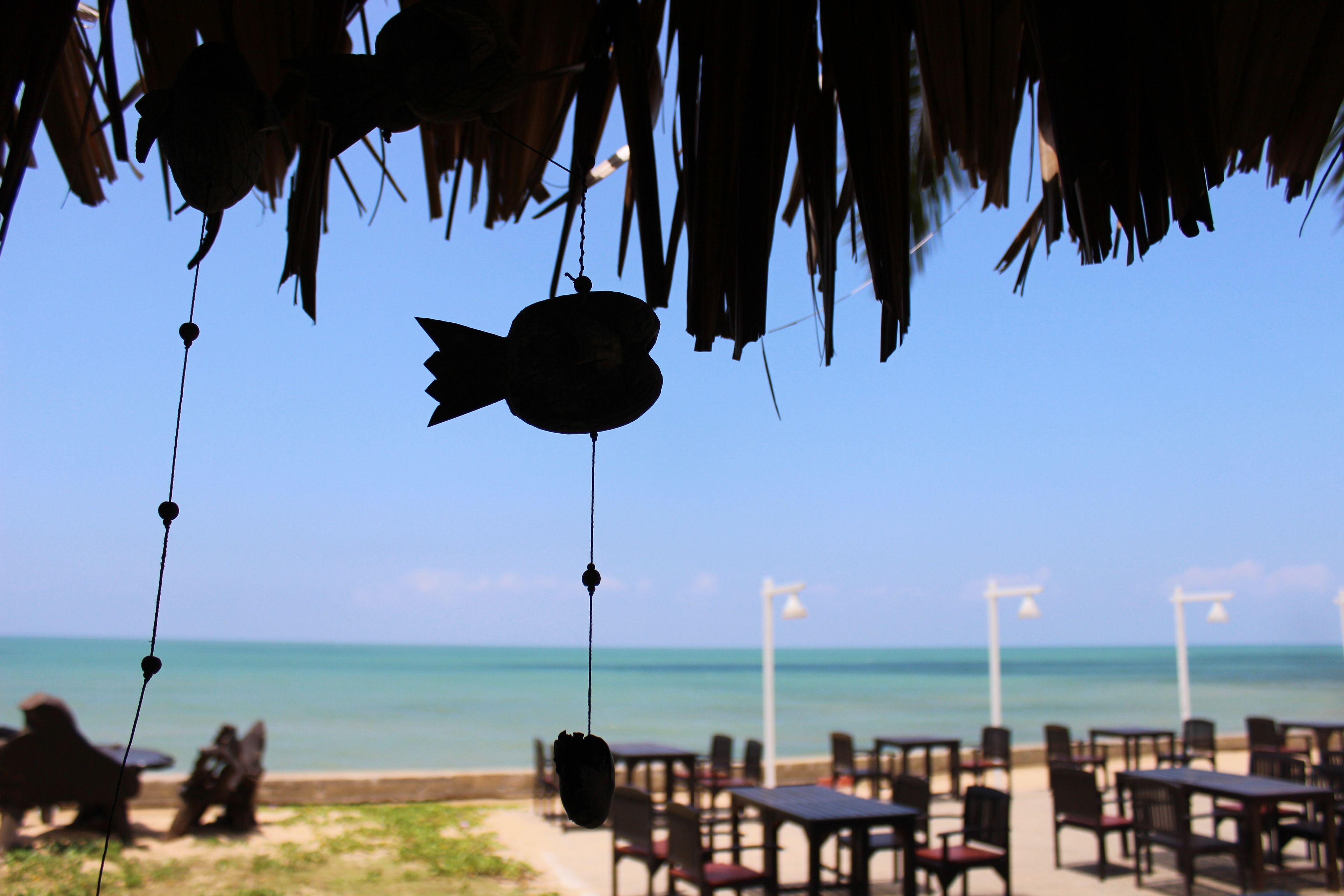 A beachside restaurant with outdoor seating and a view of the ocean.