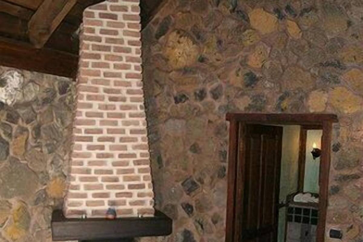 A bedroom with a stone wall, a brick fireplace, and a wooden door leading to another room.