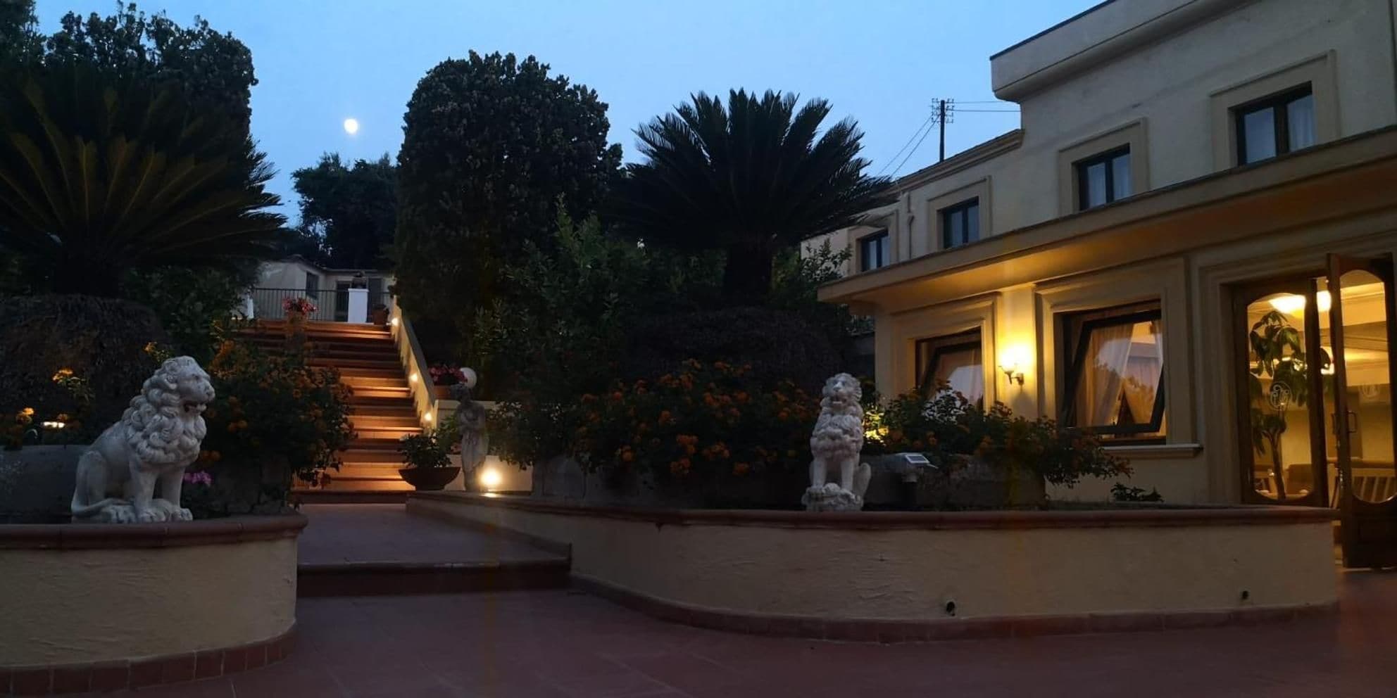 Un patio con una escalera que conduce a un edificio, rodeado de plantas y dos estatuas de leones de piedra.