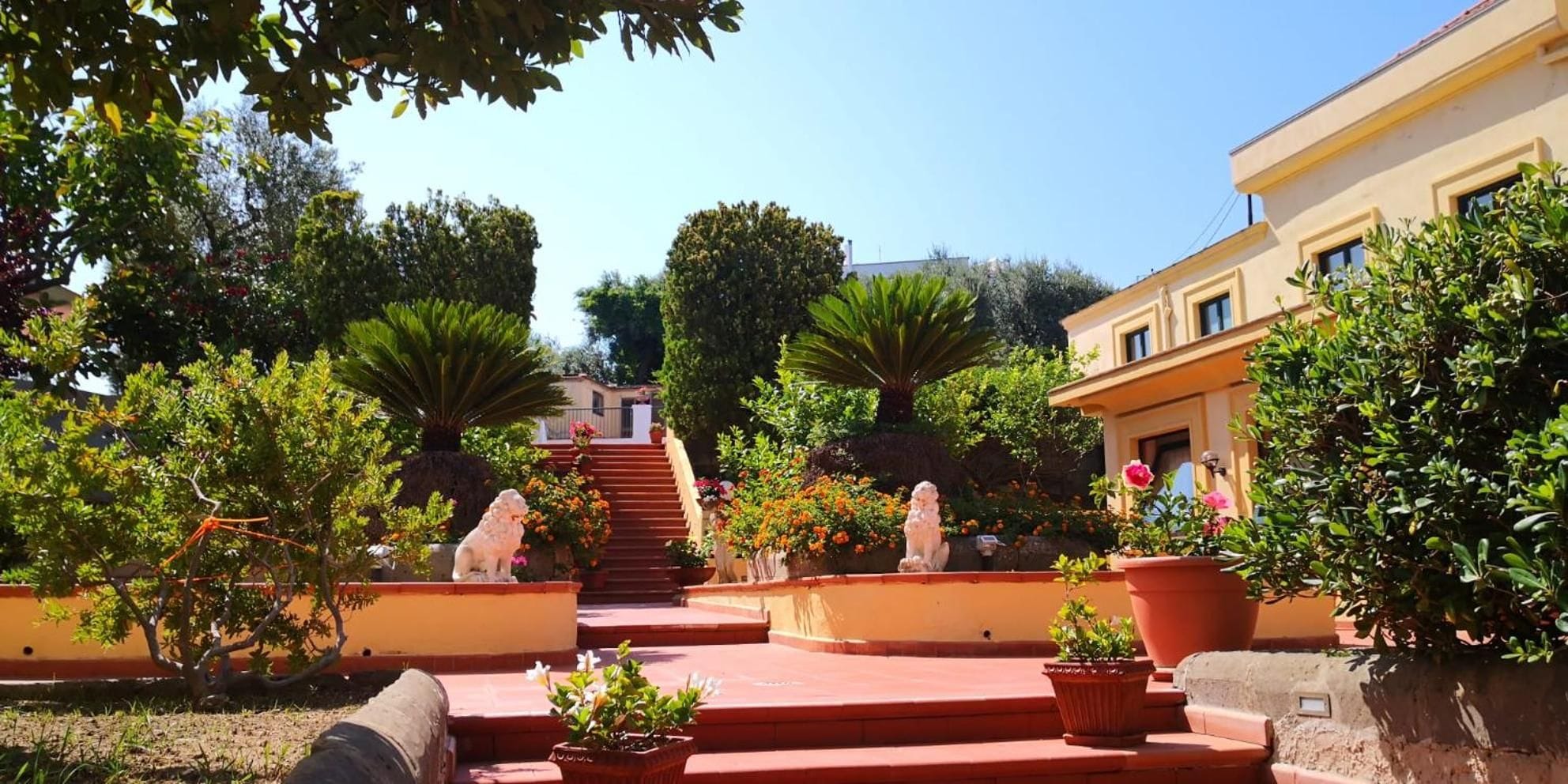 Un patio con escalones que conducen a un edificio, rodeado de plantas en macetas y estatuas.