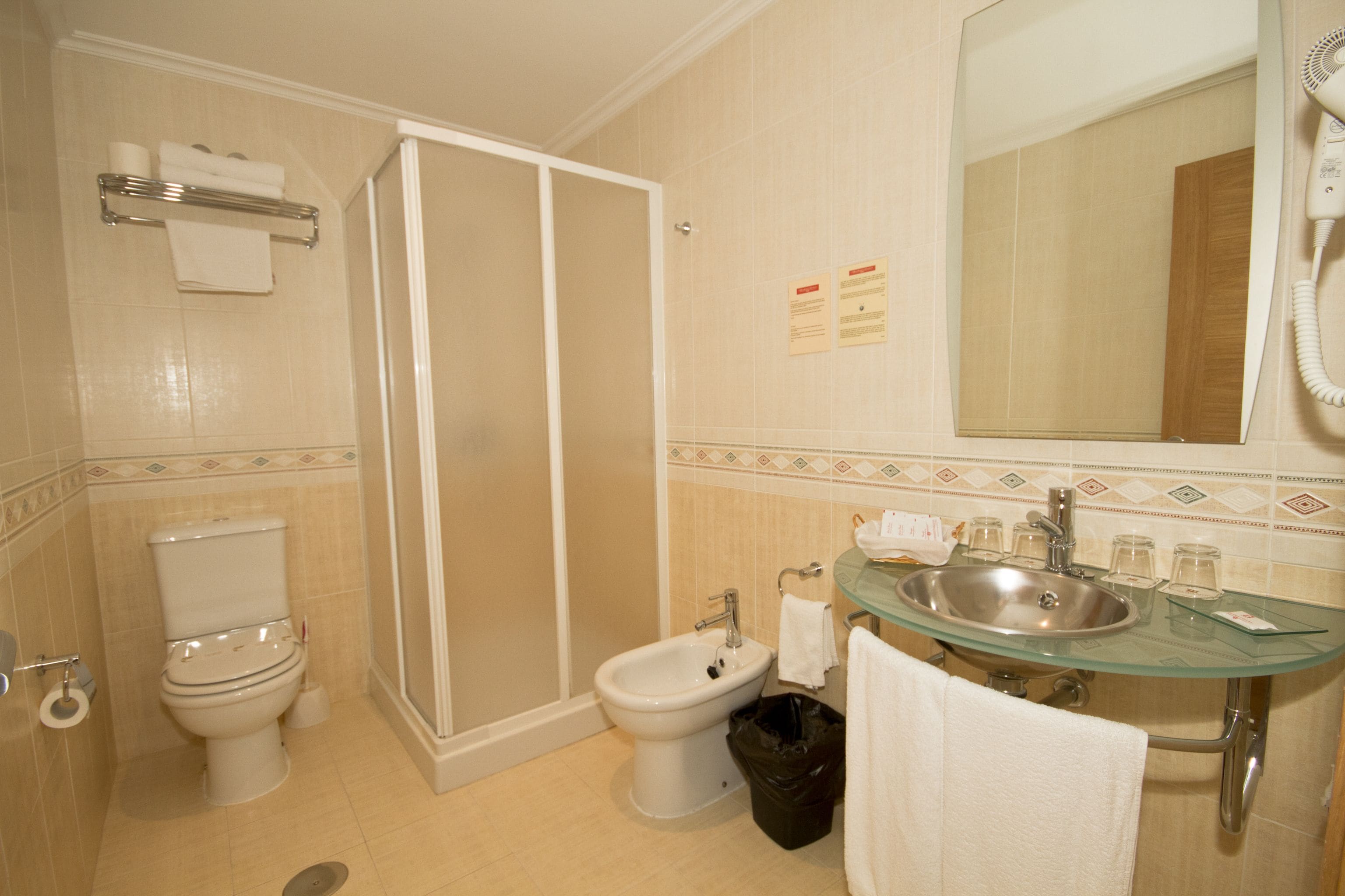 Un baño con inodoro, bidé, lavamanos de vidrio y zona de ducha.