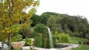 A garden with a waterfall, stone steps, and various plants. - El Carmen (Carreno)