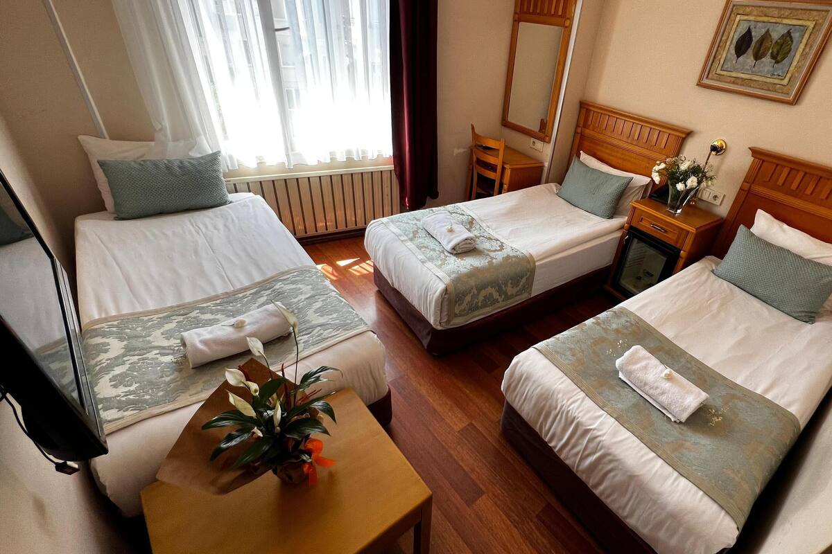 A hotel room with two single beds, a wooden headboard, a bedside table with a plant, a mirror, and a framed botanical print on the wall.