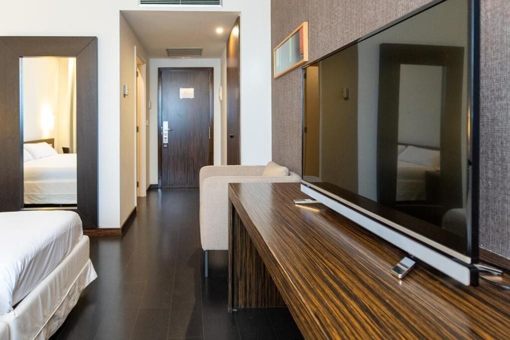 Desk, laptop workspace, blackout curtains, soundproofing