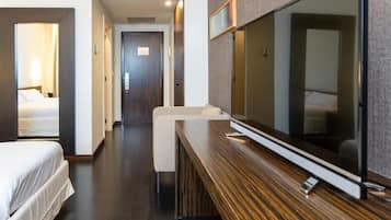 Desk, laptop workspace, blackout curtains, soundproofing