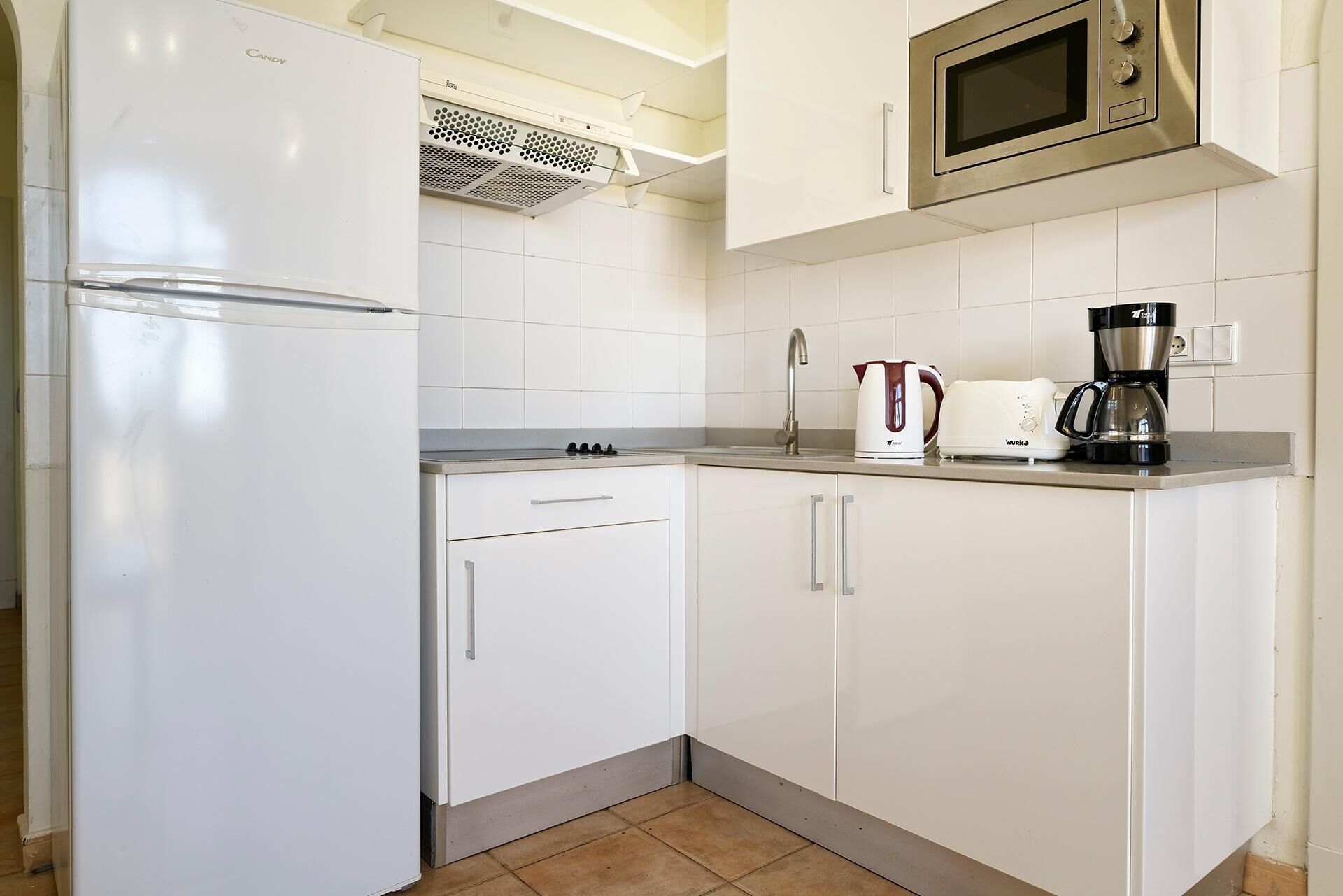 Full-size fridge, microwave, stovetop, toaster