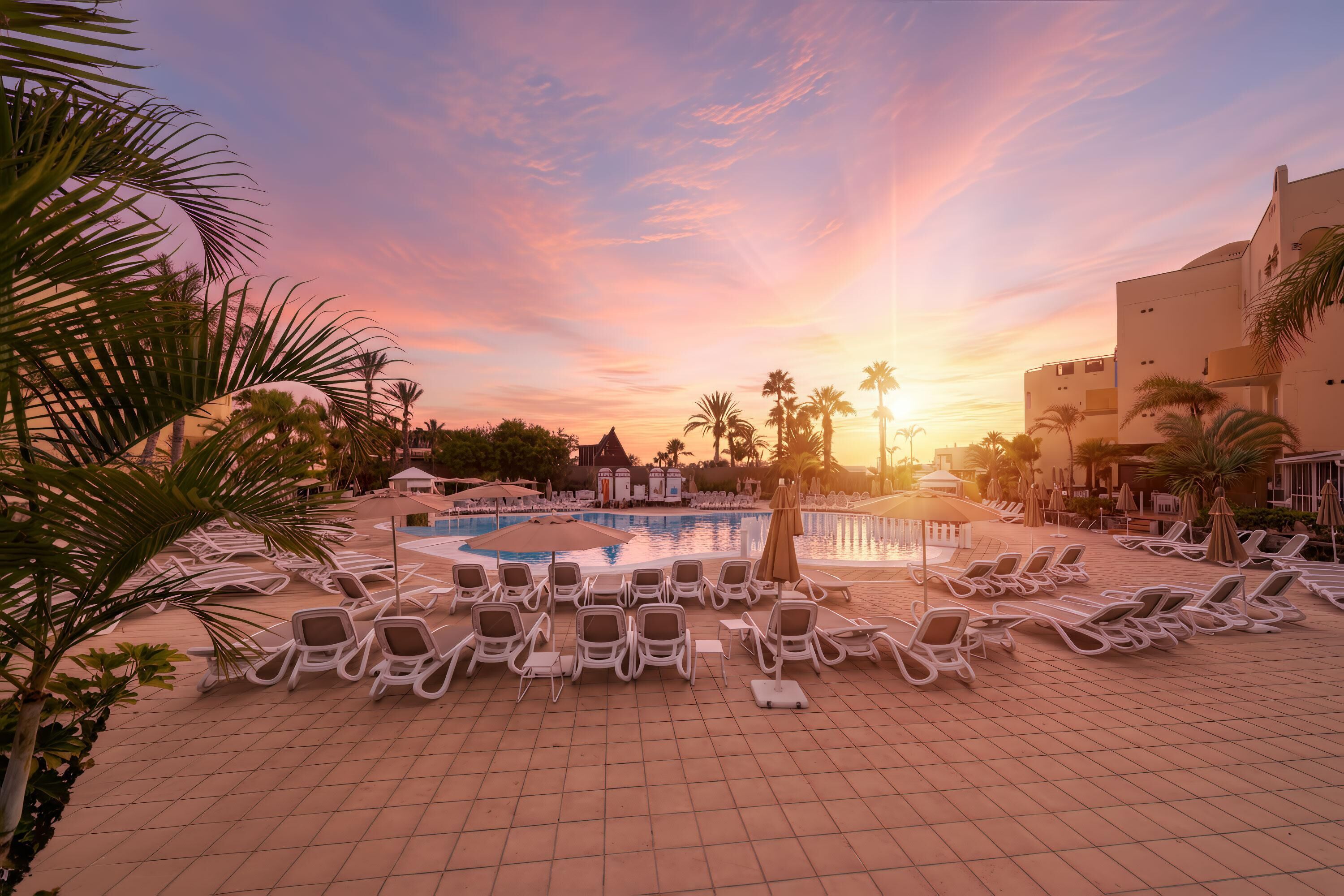 A resort pool area with sun loungers and umbrellas, surrounded by palm trees and buildings.