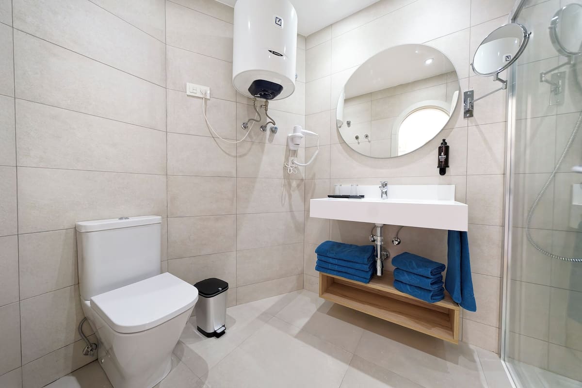 Hair dryer, towels, soap, toilet paper