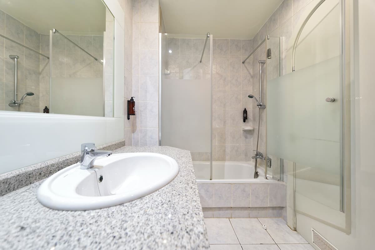 Hair dryer, towels, soap, toilet paper