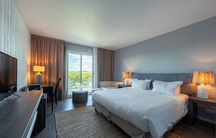 Une chambre d’hôtel comprenant un lit, des lampes de chevet, un bureau avec une lampe, une télévision et une vue sur l’extérieur.