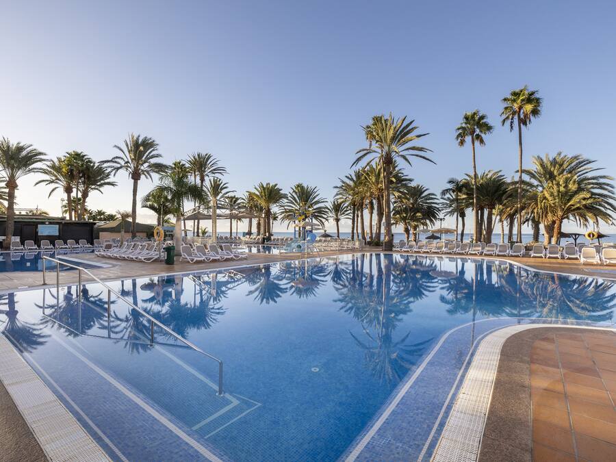 A pool area with lounge chairs and palm trees.