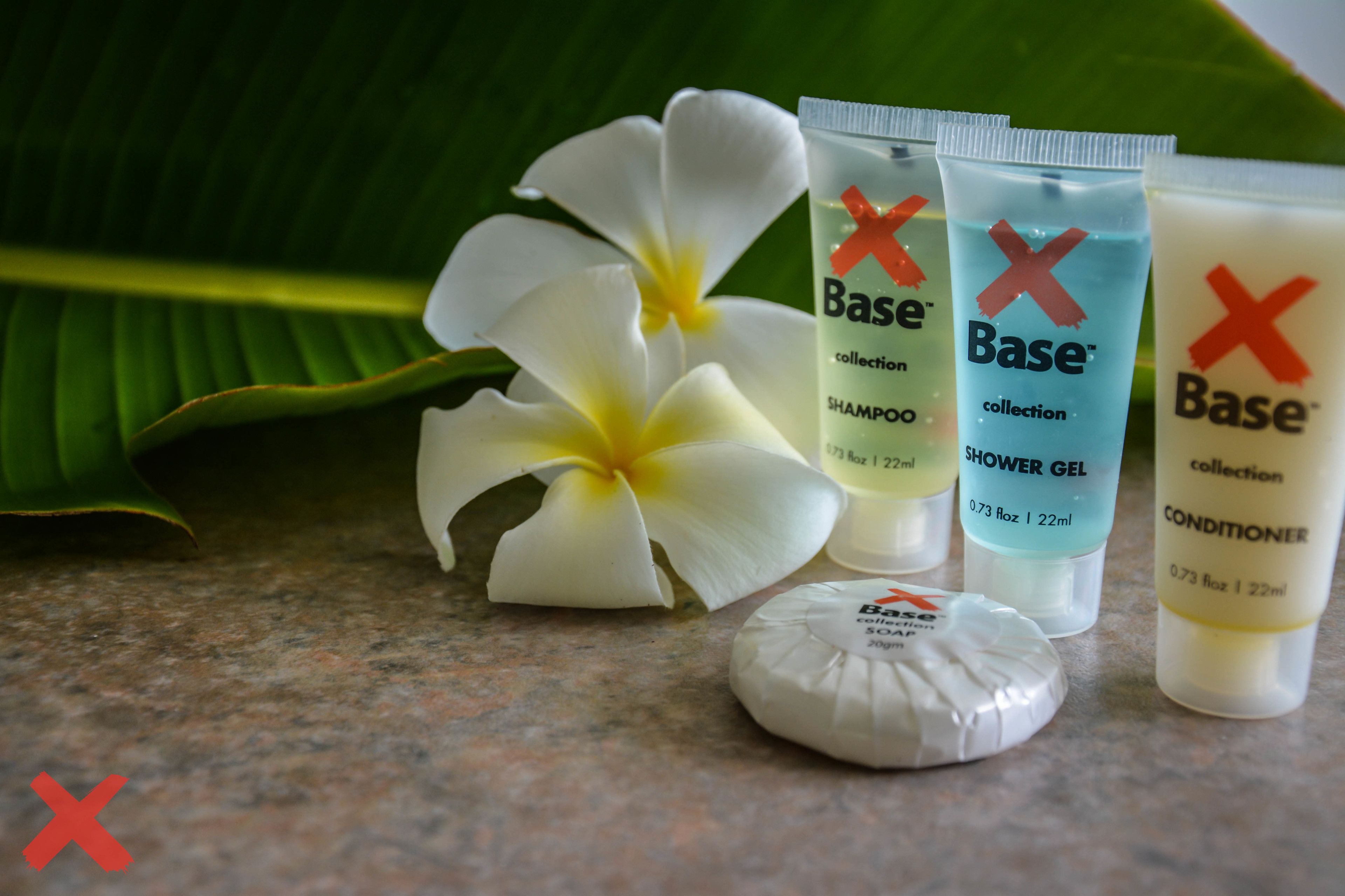 A collection of Base brand personal care products including shampoo, shower gel, and conditioner, arranged on a countertop with a white flower and a soap bar.