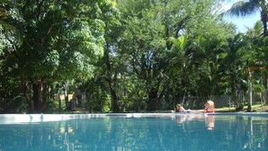 A swimming pool surrounded by lush greenery and trees. - Base Airlie Beach Resort - Hostel (Airlie Beach)