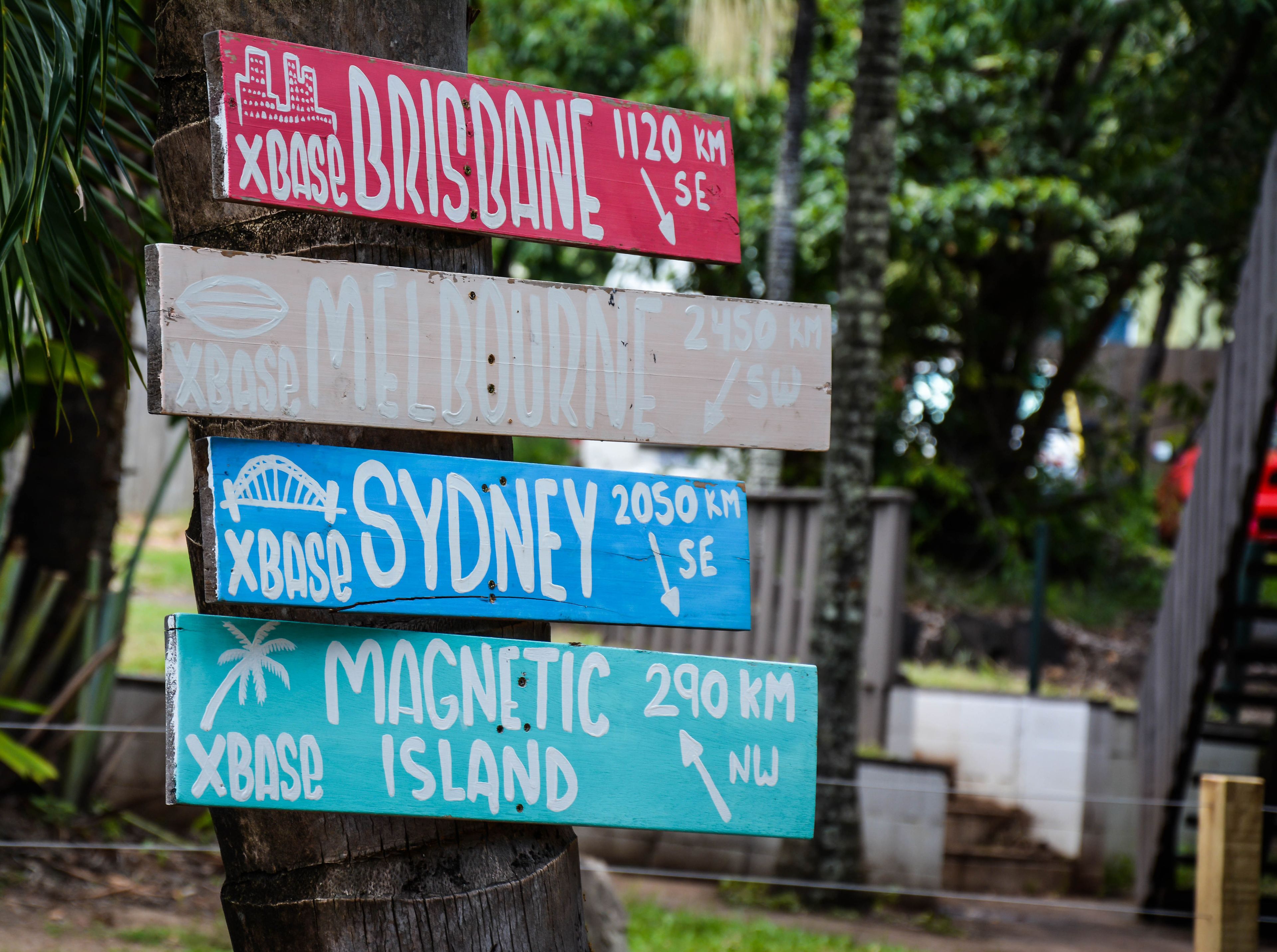 A wooden signpost with directional signs to various destinations including Brisbane, Melbourne, Sydney, and Magnetic Island.