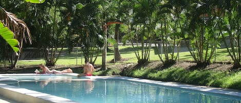 A swimming pool with tiled edges, surrounded by lush greenery and a fence.