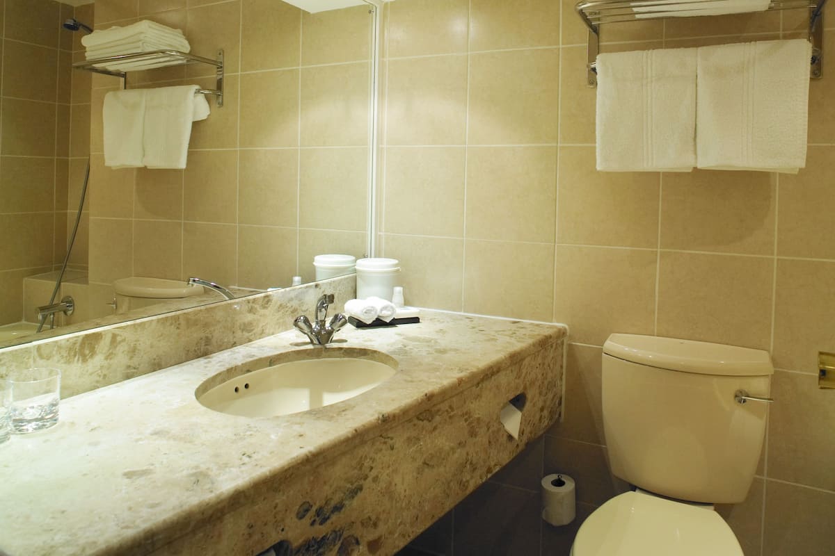 designer toiletries, hair dryer, towels