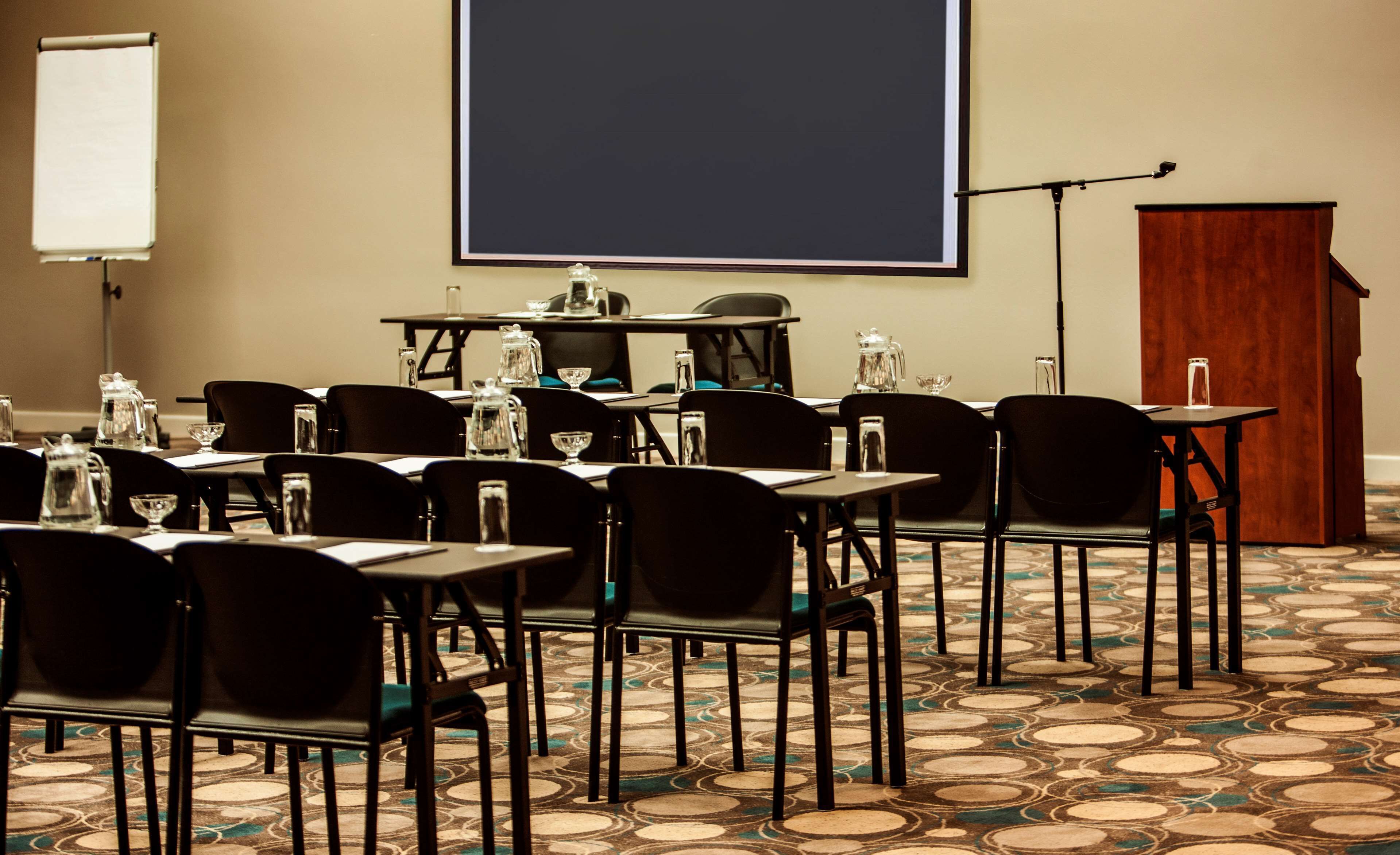 A conference room with rows of chairs, a projector screen, and a podium.