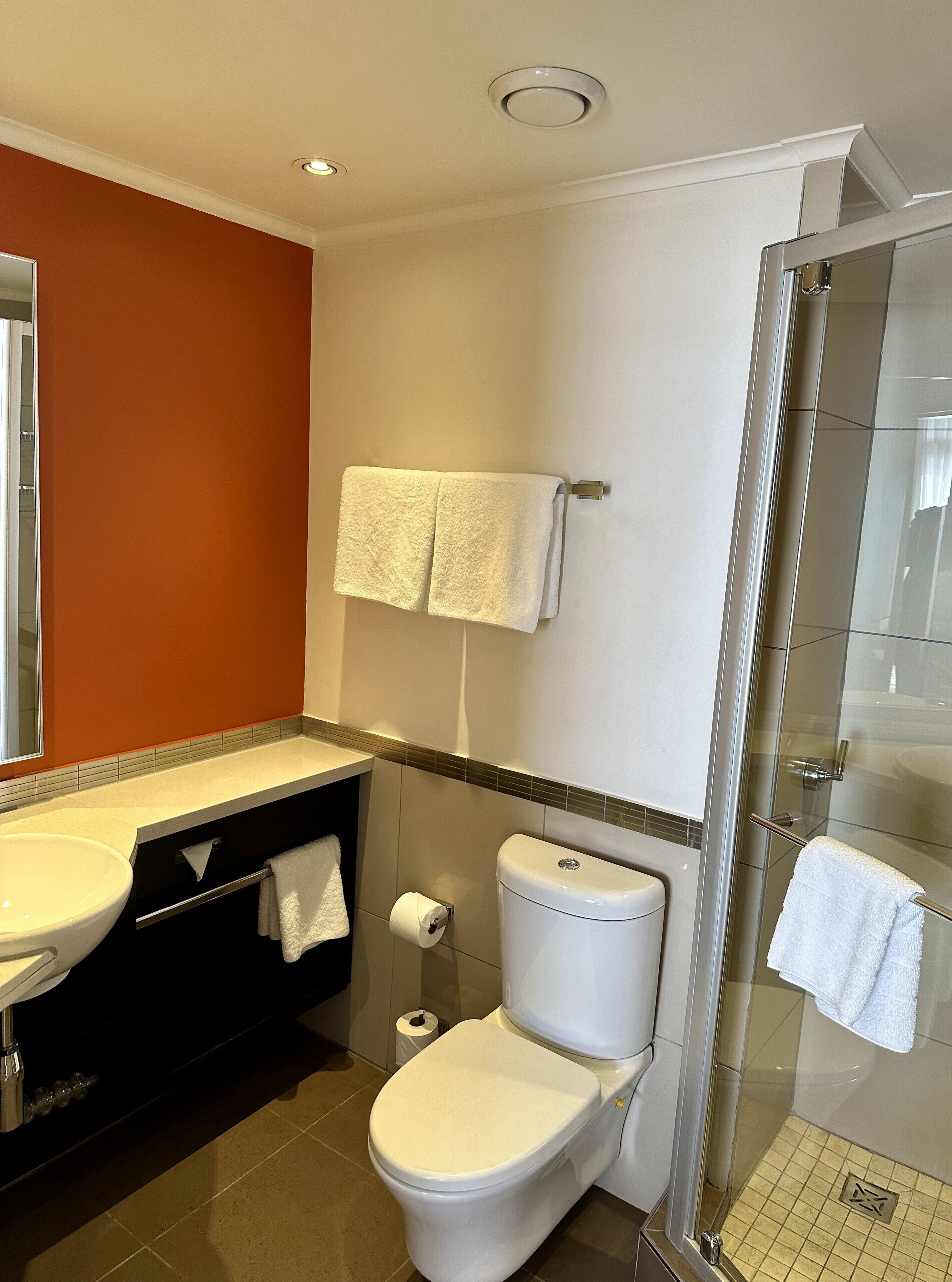 Et badeværelse med et hvidt toilet, en vask og en brusekabine i glas.